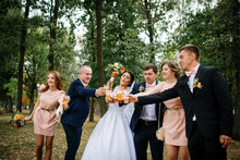 Wedding Couple With Bridesmaids And Best Mans Drink Champagne At Park.