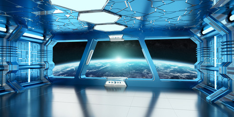 Spaceship interior with view on distant planets system 3D rendering elements of this image furnished by NASA