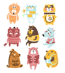 Wall Mural - Cute Toy Bear Animals Collection Of Childish Stylized Characters In Clothes In Creative Design