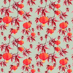 Wall Mural - Red maple branch with paper lantern. Asian seamless pattern. Watercolor