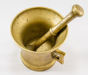 Antique bronze mortar with pestle. For grinding drugs spice. With clipping path.