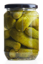 Jar Of Pickled Cucumbers Isolated On White Background