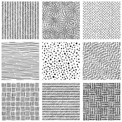 collection of seamless patterns. set of black and white prints for textiles. handmade. hand drawn ge