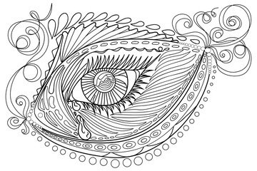 Zen tangle stylized abstract fish and eye, isolated on white background. Hand drawn sketch for adult antistress coloring page, T-shirt emblem, logo, tattoo with doodle.