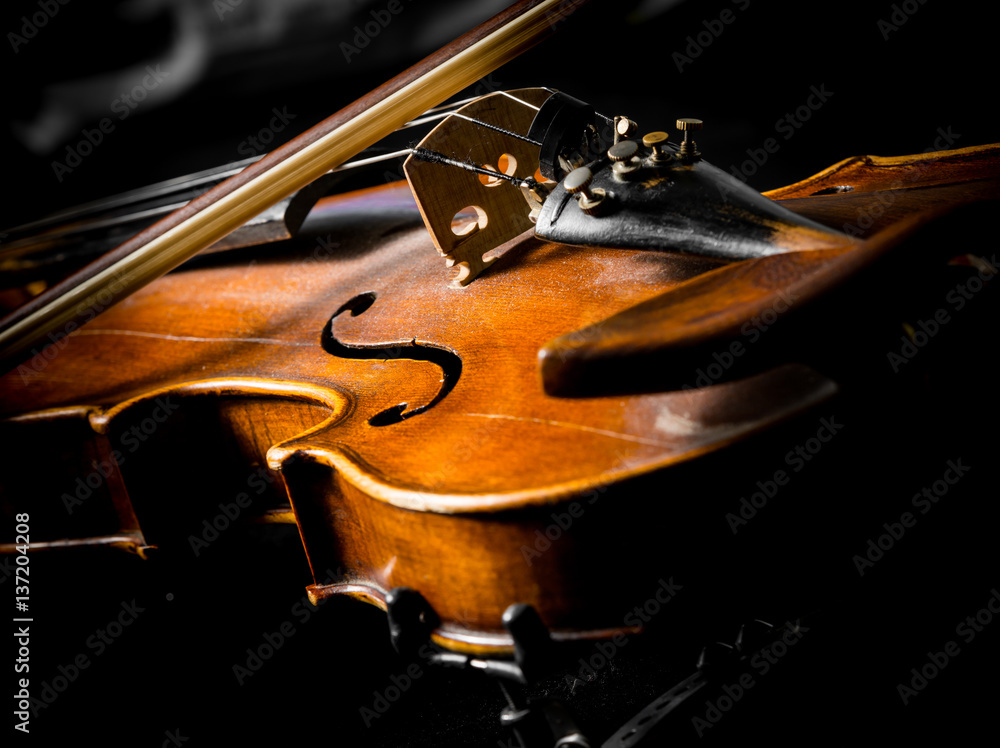 violin close up on black background - obrazy, fototapety, plakaty 