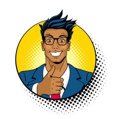 Wow pop art face. Young handsome dark skinned surprised man in glasses with open mouth shows thumb up in a circle with halftone. Vector colorful illustration in retro comic style on white background. 