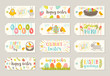 Set of Easter gift tags and labels with cute cartoon characters and type design . Easter greetings with bunny, chickens, eggs and flowers. Vector illustration.