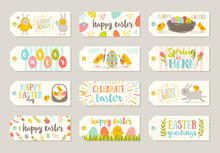 Set Of Easter Gift Tags And Labels With Cute Cartoon Characters And Type Design . Easter Greetings With Bunny, Chickens, Eggs And Flowers. Vector Illustration.