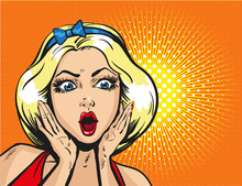 Pop Art Surprised Blond Woman Face With Open Mouth