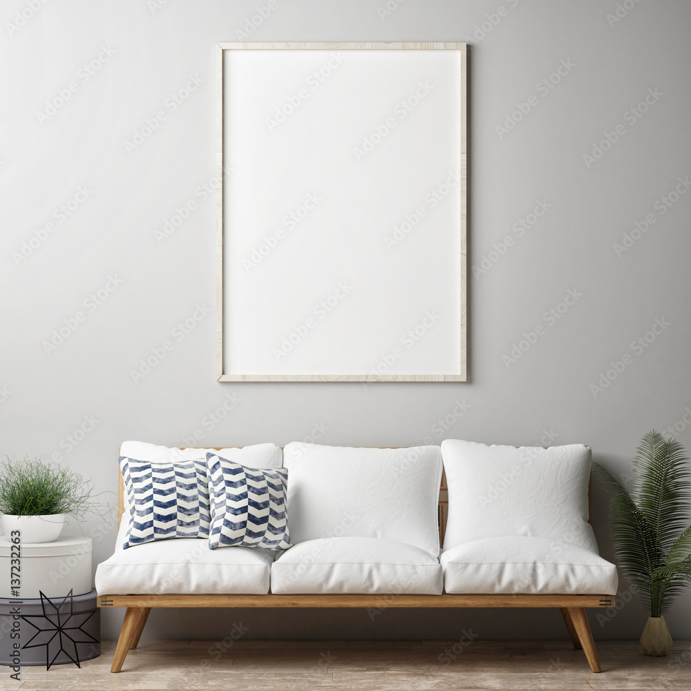 Mock up poster, hipster living room, 3d render, 3d illustration