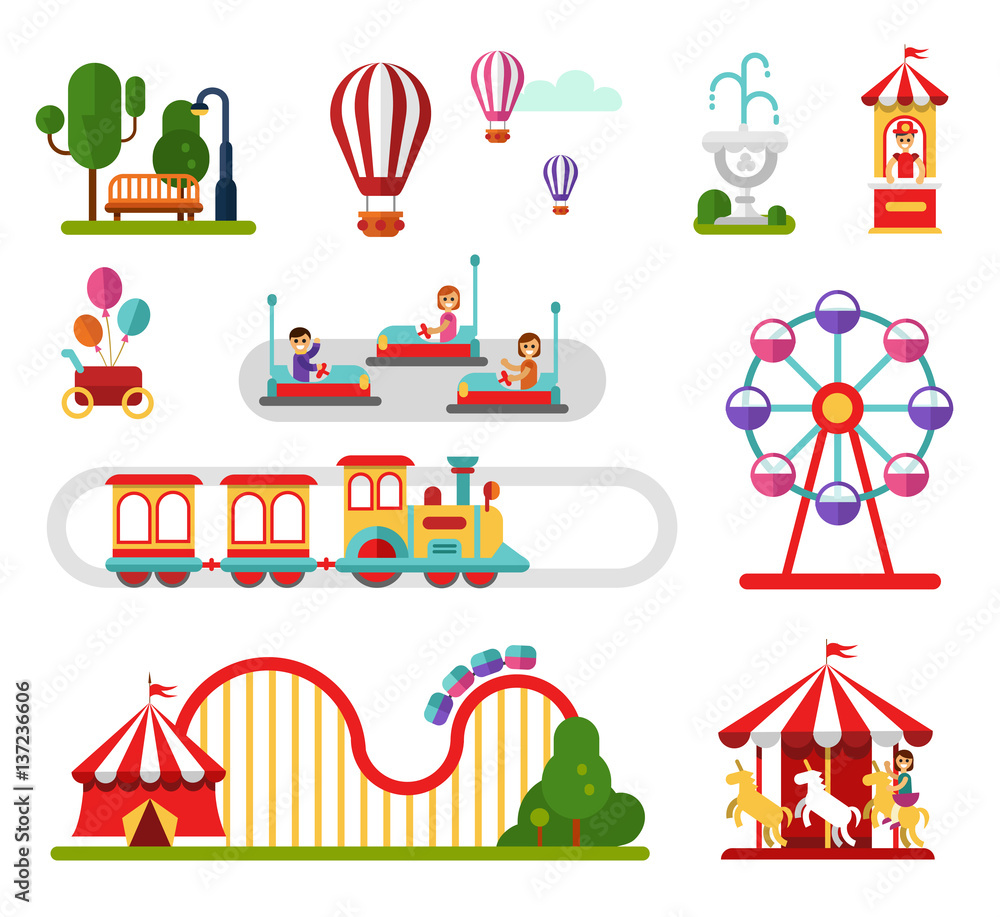 [BAE] å_Flat design vector icons set of amusement park and attractions ...