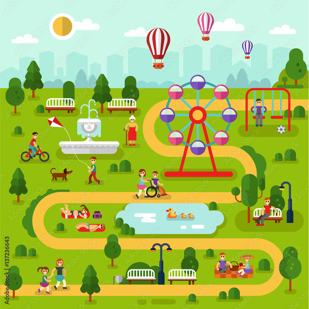 Flat design vector landscape illustration of park map. People rest in ...