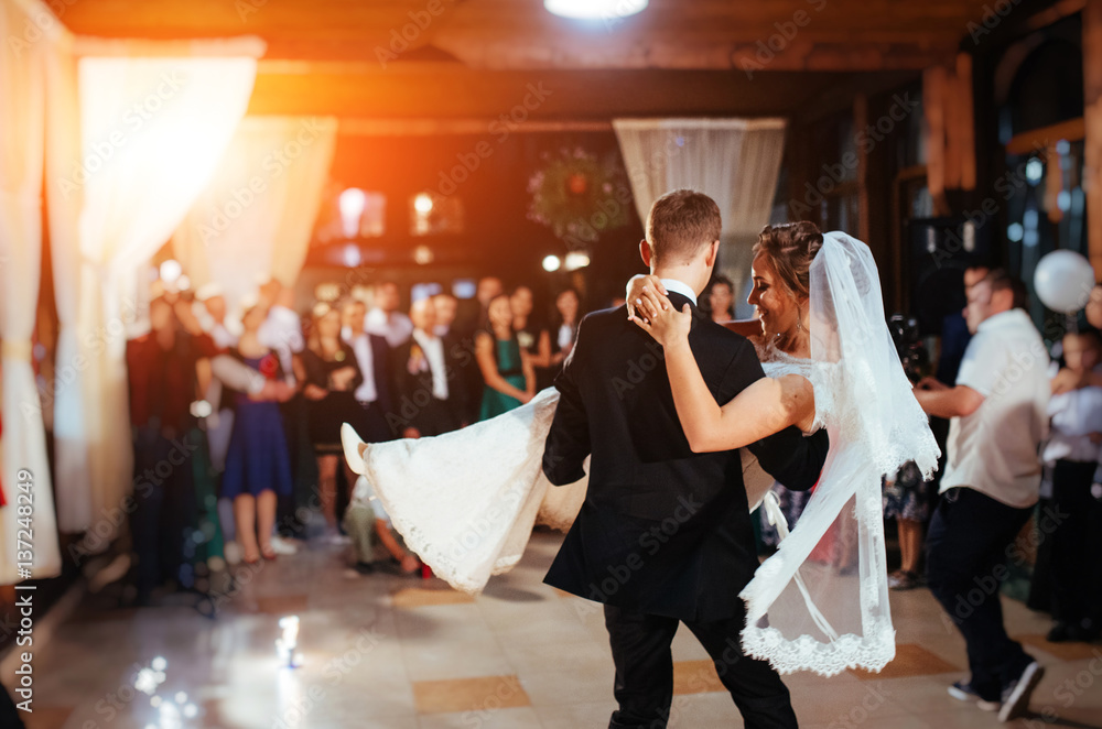 Happy bride and groom a their first dance, wedding - obrazy, fototapety, plakaty 