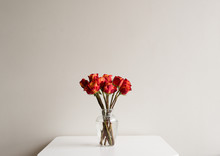Red And Orange Roses In A Glass Vase On A White Table Against Neutral Wall