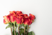 High Angle View Of Red And Orange Roses On White Table (cropped)