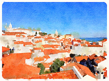 Digital Watercolor Painting Of A Cityscape With Colorful Orange Rooftops, A Blue Sky And The River In Lisbon, Portugal With Space For Text.