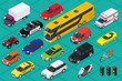Car icons. Flat 3d isometric high quality city transport. Sedan, van, cargo truck, off-road, bus, scooter, motorbike, riders, ATV. Set of urban public and freight transport