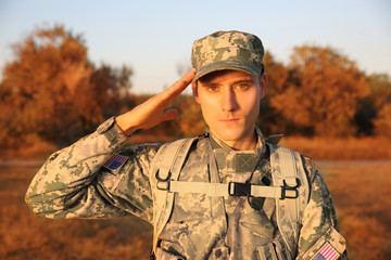 Wall Mural - Soldier in camouflage taking salute outdoors