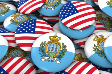 Wall Mural - USA and San Marino Badges Background - Pile of American and Sammarinese Flag Buttons 3D Illustration