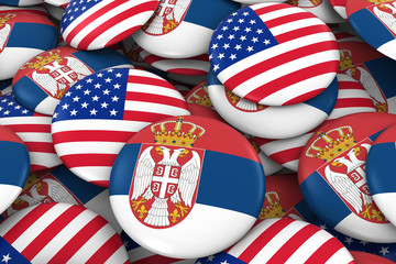 Wall Mural - USA and Serbia Badges Background - Pile of American and Serbian Flag Buttons 3D Illustration