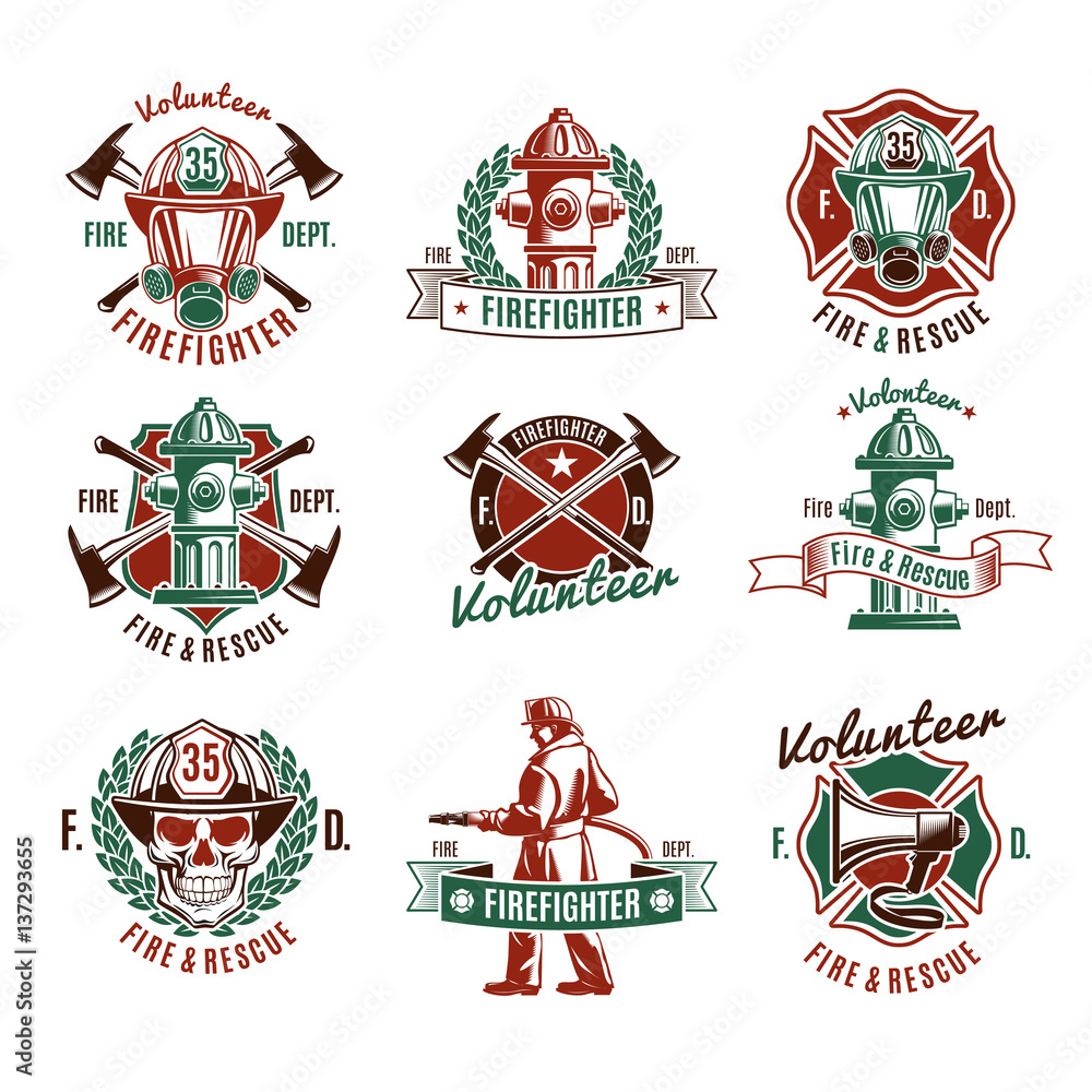 Firehouse Labels Colorful Fire Protection Labels Set Stock Vector | Adobe Stock