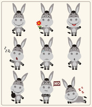 Funny Little Donkey Set In Different Poses. Collection Isolated Donkey In Cartoon Style.