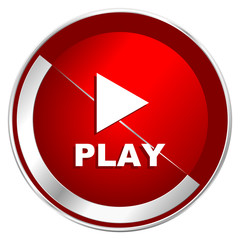 Poster - Play red web icon. Metal shine silver chrome border round button isolated on white background. Circle modern design abstract sign for smartphone applications.