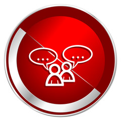 Poster - Forum red web icon. Metal shine silver chrome border round button isolated on white background. Circle modern design abstract sign for smartphone applications.