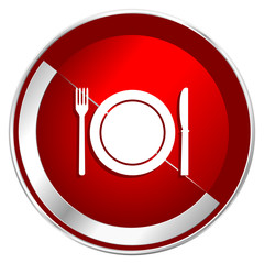 Aufkleber - Restaurant red web icon. Metal shine silver chrome border round button isolated on white background. Circle modern design abstract sign for smartphone applications.