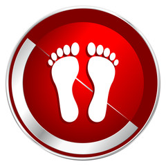 Poster - Foot red web icon. Metal shine silver chrome border round button isolated on white background. Circle modern design abstract sign for smartphone applications.
