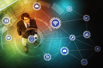Aufkleber - young man holding smart phone and Internet of Things concept