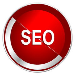 Poster - Seo red web icon. Metal shine silver chrome border round button isolated on white background. Circle modern design abstract sign for smartphone applications.