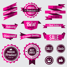 Set Of Pink Badges , Labels And Ribbons. Flat Design Concept. Branding And Sale Decoration. Vector Illustration.