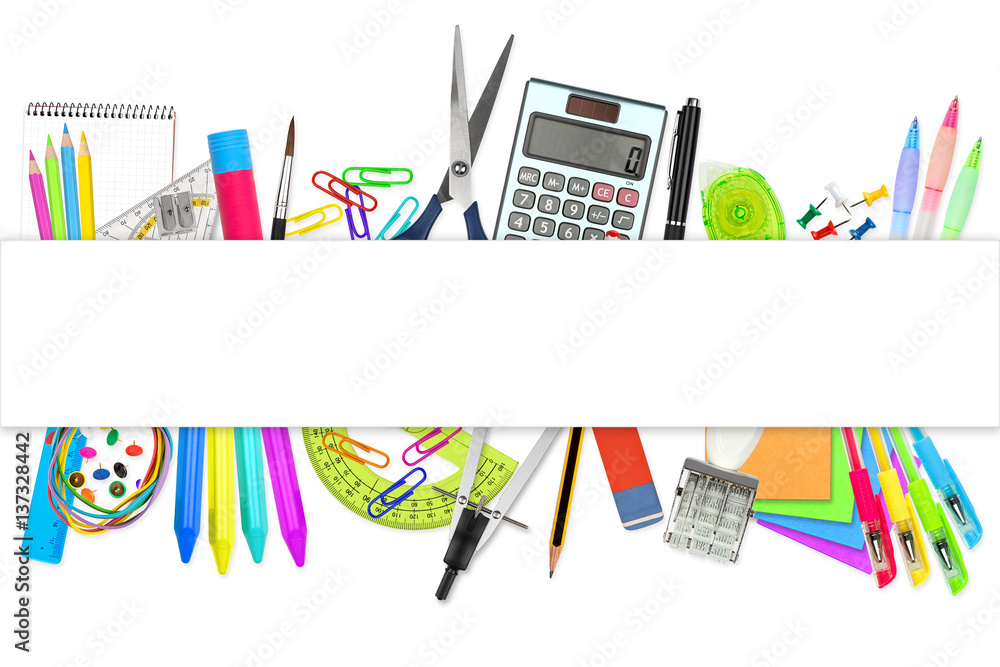 empty paper panorama copy space banner over school office supplies on white background Stock Photo Adobe Stock