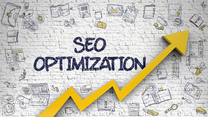 Wall Mural - seo optimization drawn on white brick wall.