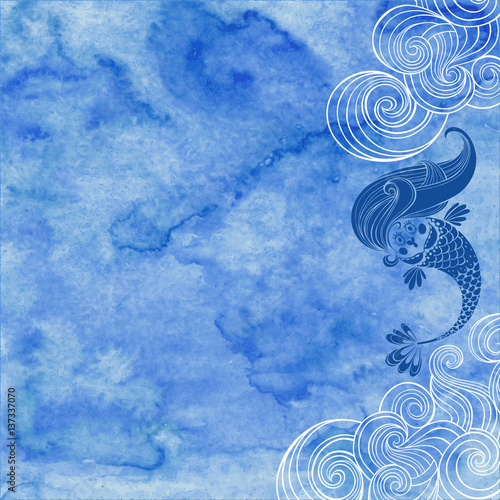 Marine illustration with cartoon mermaid and waves on a blue watercolor background Poster