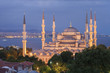 Elevated view of The Blue Mosque at dusk, Istanbul, Turkey.