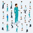 Trendy isometric people. Medical staff, hospital, doctor, surgeon. Most nurse, People for the front view of the visas, standing position isolated on a light background. Set 1