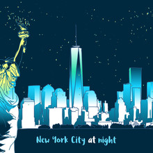 New York At Night With Lady Liberty