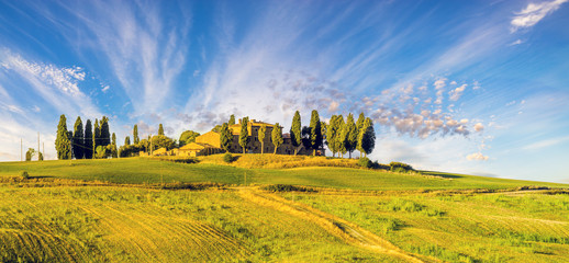 Tuscan autumn landscape in the light of the rising sun