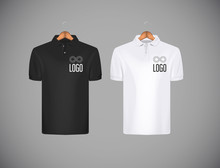 Men's Slim-fitting Short Sleeve Polo Shirt With Logo For Advertising. Black And White Polo Shirt With Wooden Hanger Isolated Mock-up Design Template For Branding.