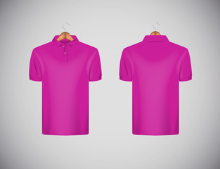 Poster - Men's slim-fitting short sleeve polo shirt. Pink polo shirt with wooden hanger isolated mock-up design template for branding.