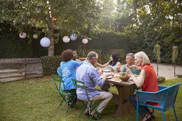 Wall Mural - Group Of Mature Friends Enjoying Outdoor Meal In Backyard