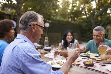 Wall Mural - Group Of Mature Friends Enjoying Outdoor Meal In Backyard