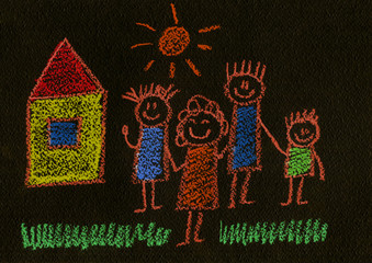 Wall Mural - My happy family Kids drawing style Mother, father, sister, brother. Boy and girl with their parents House, sun, grass