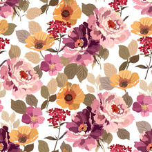 Seamless Pattern With Colorful Summer Flowers And Foliage On A White Background