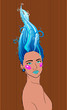 Print девушка с синими волосами волнами-завитками на полосатом рябом фоне
