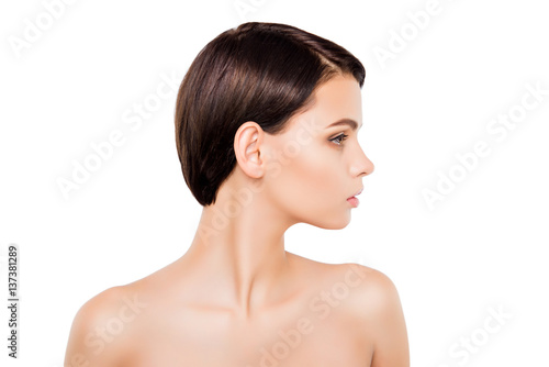 Side View Of Young Pretty Brunette With Modern Short Hairstyle