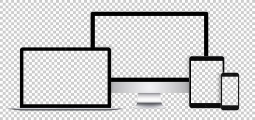 realistic set of electronic devices, black display, laptop, tablet and phone with empty screen.