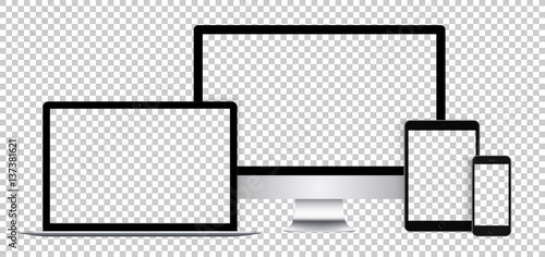 Cuadros en Lienzo Realistic set of electronic devices, black display, laptop, tablet and phone with empty screen
